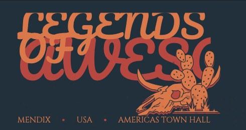 Legends of Awesome illustration with a cactus and a skull in orange on navy, Mendix Americas Town Hall