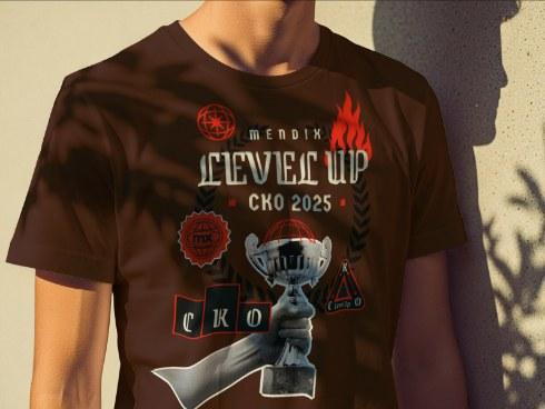 Brown Mendix CKO 2025 Level Up t-shirt with a trophy illustration