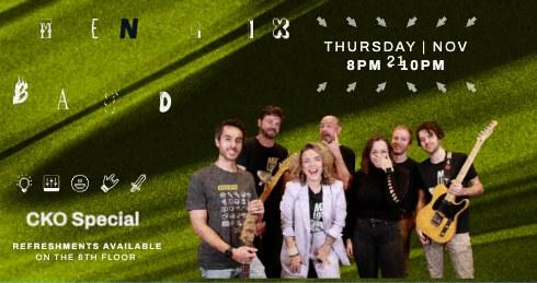 Mendix band event poster with a group of musicians on green grass, Thursday November