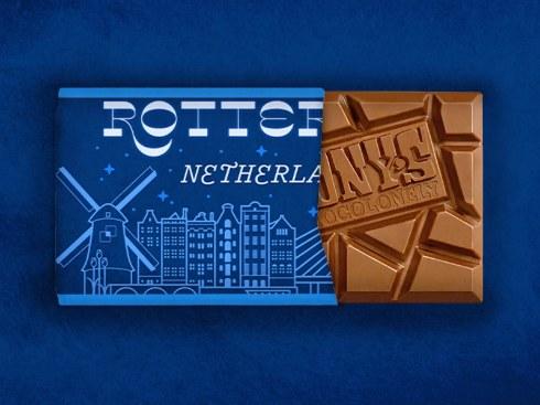 Rotterdam Netherlands chocolate bar packaging in blue with a windmill illustration