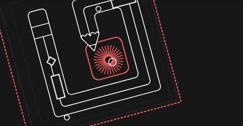 Line drawing of a layout with a red sunburst icon on black