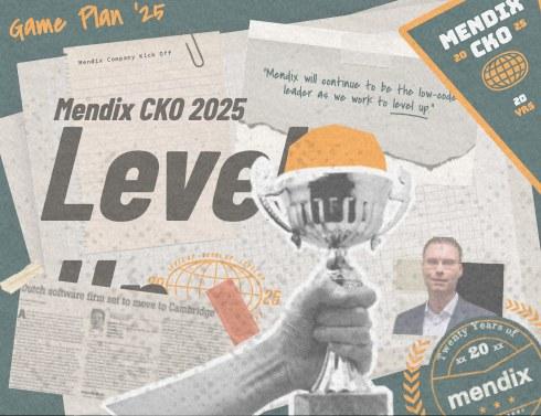 Mendix CKO 2025 Level Up collage with newspaper clippings and a trophy