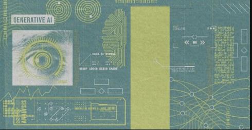 Generative AI themed illustration with an eye and circuit patterns in teal and lime