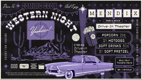 Mendix Western Night drive-in theater poster in purple with a vintage car