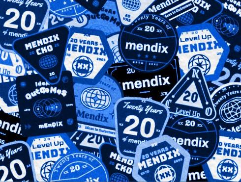 Pattern of blue and white Mendix twenty year anniversary stickers and badges